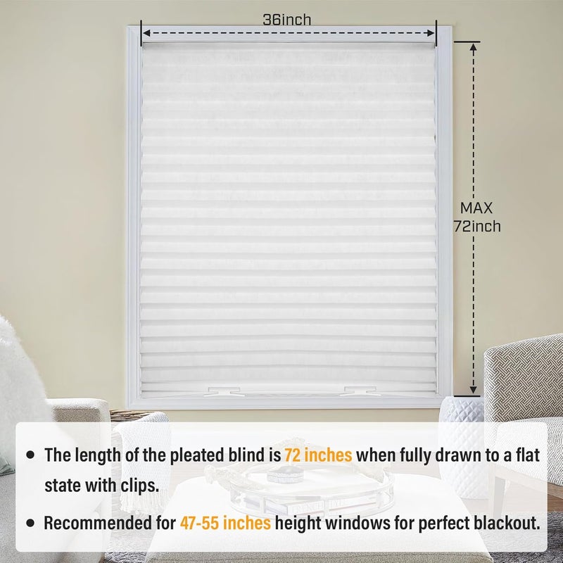 Touri 6 Packs Cordless Pleated Light Filtering Window Shade 36 in x 72 in Easy to Cut and Install, White, Paper Blinds with 12 Clips - Image 3